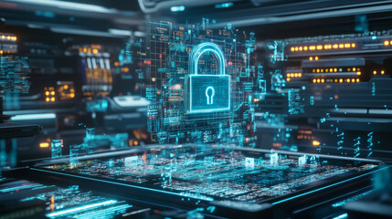 Naklejka premium holographic display of lock and key floating above digital interface, symbolizing cybersecurity and data protection in futuristic environment