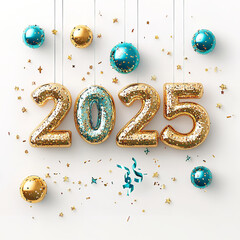 Hello 2025 greeting card design. Happy New Year 2025 text with realistic festive fireworks explosions isolated on white background. Congratulation banner Generative AI	
