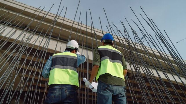 team of engineers is inspecting the construction of the foundation for the construction of the public transport system.
