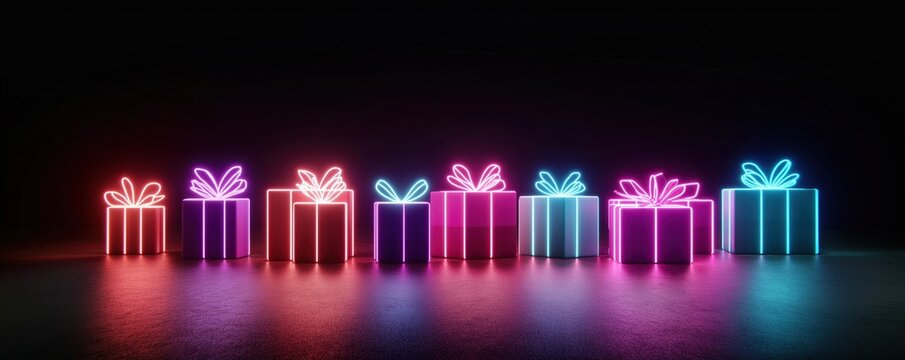 Neon gift boxes in bright colors light up virtual holiday gift exchange scene. Virtual avatars exchange presents. Holiday tech theme. Festive atmosphere of VR party. Futuristic design style. Digital