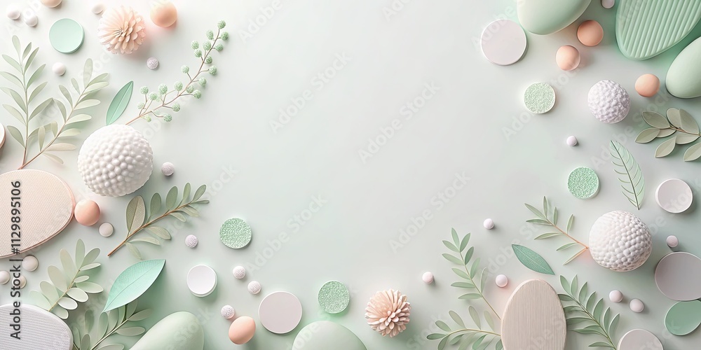 Poster pastel-colored abstract shapes and greenery composition with copy space