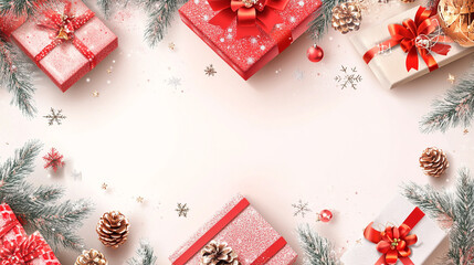 Festive wrapped gifts with red bows and pine decorations for Christmas celebration
