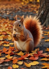 Obraz premium A squirrel covered in golden and crimson leaves lies on the ground, autumn landscape, woodland creatures, leaf litter