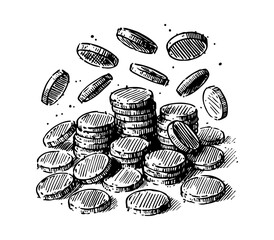Coin money hand drawn sketch black and whiite vector