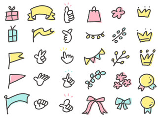 いたずら書き風の可愛い旗やメダル・リーフ・王冠・メダル・指差し・リボンアイコンセット