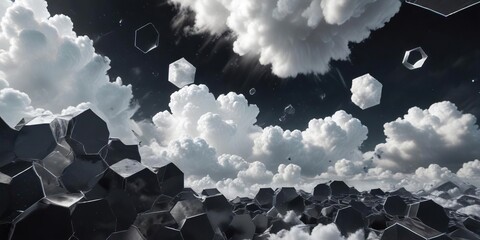 Ethereal white clouds hovering above dark hexagonal shapes, floating, contrasted