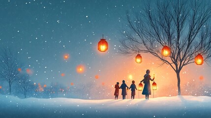 Obraz premium Magical Snowy Winter Landscape with Glowing Lanterns and Silhouetted Figures