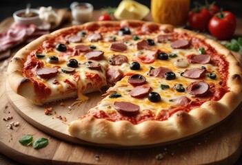 A warm and inviting shot of a freshly baked meat lover's pizza with melted cheese and toppings, savoury, aromatic