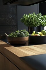 Modern kitchen countertop with fresh green vegetables
