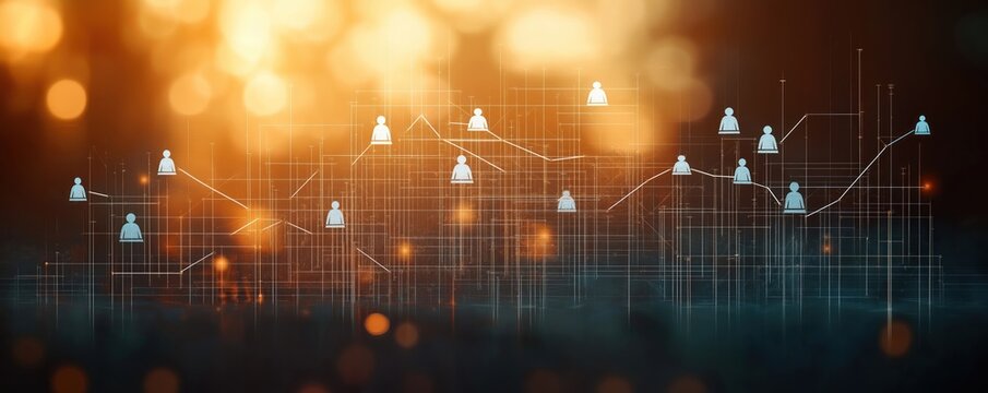 Sunrise illuminates transparent organizational chart. White lines, icons connect people figures. Structure, hierarchy symbolized. Visualizes company organization team dynamic. Modern technology, tech