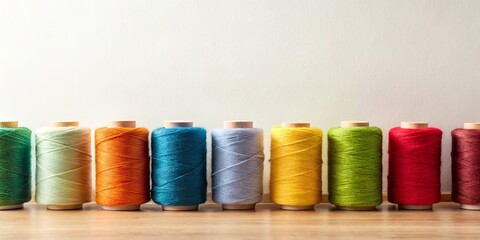 Vibrant spools of thread in a rainbow spectrum arranged on a wooden surface against a neutral background