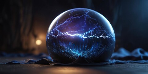 An electric blue orb rests on a dark, textured fabric, filled with an aura of dynamic movement and fluidity , striking appearance, kinetic force, dynamic texture