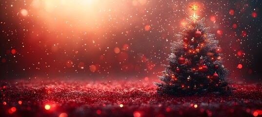 Christmas Tree In Red Shiny Glittering Background - Baubles Hanging On Fir With Abstract Lights,


