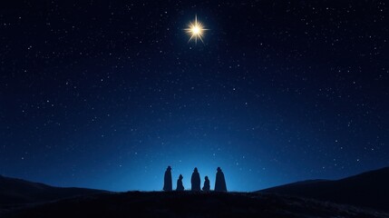 Three wise men stand on hill under bright Christmas star. Night sky full of stars. Religious illustration. Night. People admire star. Starry sky. Hilltop. Religious scene. Christmas theme. Winter.