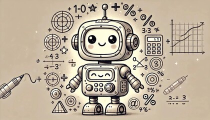 Obraz premium Cute robot surrounded by mathematical symbols. concept for fun mathematics learning