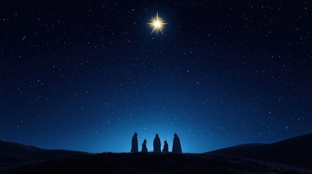 Three wise men stand on hill under bright Christmas star. Night sky full of stars. Religious illustration. Night. People admire star. Starry sky. Hilltop. Religious scene. Christmas theme. Winter.