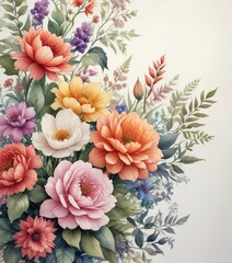 Exquisite watercolor illustration showcasing a variety of floral motifs in a corner display, decorative, watercolor, corner display, botanical, floral motifs