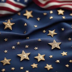 Close-up of golden stars embossed on a velvet blue background,