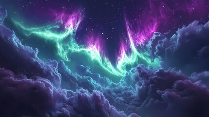 Fototapeta premium Digital illustration of natural phenomenon background with aurora borealis northern lights in polar night sky cotton clouds geomagnetic miracle wonder of nature. Aurorae. Illustration