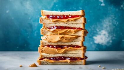 A stack of peanut butter and jelly sandwiches against a blue background.