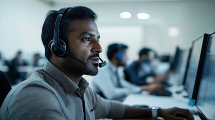 Indian man in call center works with headset, computer. Focused employee speaks with customers. Call center tech support in India. Busy office scene with other agents. Modern office work environment.