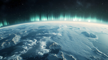 Fototapeta premium Ethereal display of the aurora borealis lighting up icy landscapes from space, aurora borealis, northern lights. Aurorae. Illustration