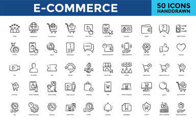 E-commerce icon set with rating, ecommerce, shop local, play video, buy online, voucher, wallet, faqs, digital money icon. Simple handdrawn vector 
