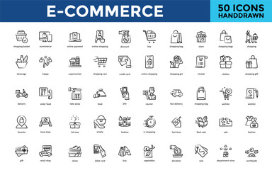 E-commerce icon set with shopping basket, e commerce, online payment, online shopping, discount, buy, shopping bag, store, shopping bags icon. Simple handdrawn vector 
