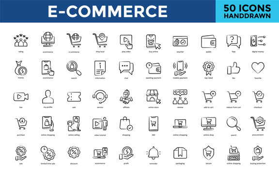 E-commerce icon set with rating, ecommerce, shop local, play video, buy online, voucher, wallet, faqs, digital money icon. Simple handdrawn vector 
