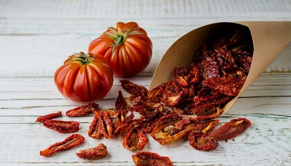 Sun-dried tomatoes spilling from a paper cone, alongside fresh tomatoes.