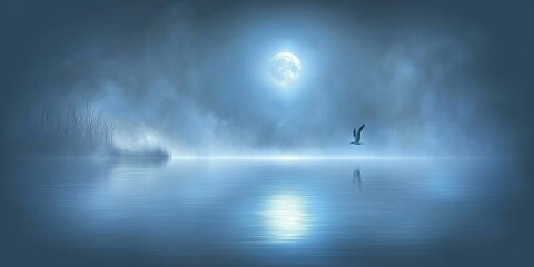 Obraz premium Serene Moonlit Seagull Flight Calm Ocean Night Sky Fog