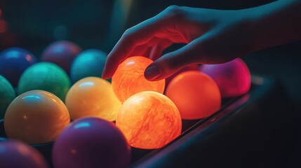 A hand reaches for a glowing ball among colorful orbs in a dimly lit setting.