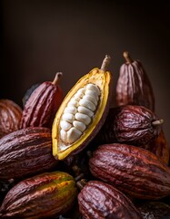 Close-up of cacao pods, one open to reveal white seeds. Rich, dark colors and textures.
