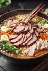 Close-up of a steaming bowl of oriental noodle soup with tender pork,  flavorful,  savory
