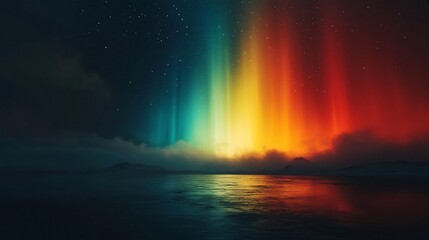 Vibrant aurora borealis reflected in a calm sea at night.