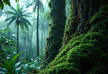 Dark blue-green moss growing on a tree trunk in a tropical forest, trees, tropical, nature