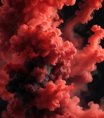 Dense abstract red smoke swirling on a dark black background with vibrant red cloudy formations, red smoke, clouds, smog