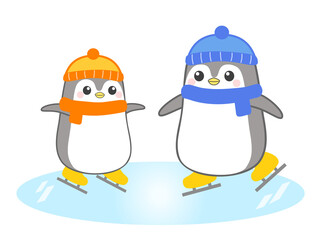 かわいいペンギン親子のスケートのイラスト