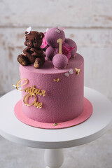 Birthday cake with beautiful decor. Dessert made to order from the pastry chef. Birthday cake. Translation: Sophia