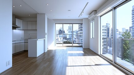 Fototapeta premium Modern empty apartment with city view and sunlight.