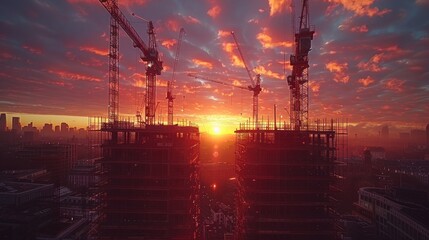 Dramatic sunset over city construction site with multiple cranes.