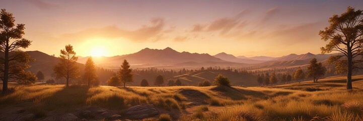 Golden sunrise landscape with hills and trees, earth tone, tree, warm color