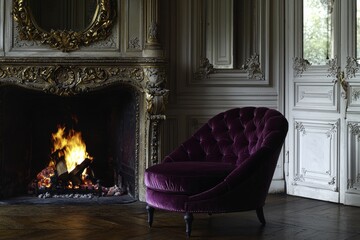 Fototapeta premium Luxurious velvet armchair by the fireplace in an elegant room timeless visuals of comfort and style