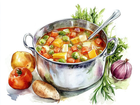recommend clip art: Vegetable soup watercolor on white background ai generated