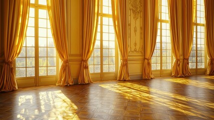 Elegant silk curtains framing sunlit windows in a luxurious room timeless design interior decor warm ambiance