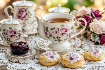 Fototapeta premium Timeless elegance tea party with classic porcelain set garden setting still life natural light serenity