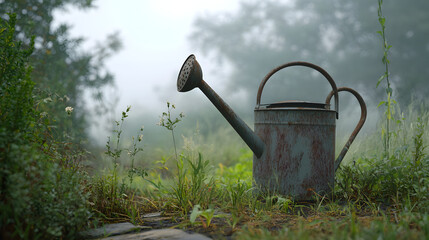 A rusted watering can sits in a misty garden, surrounded by overgrown grass and plants.