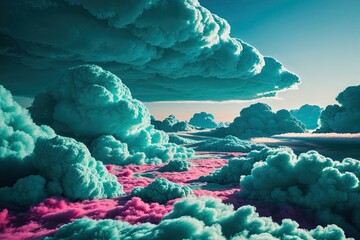 Vibrant 3D Landscape of Lush Teal Clouds in Kaleidoscopic Colors
