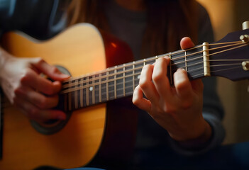 Obraz premium hands plucking guitar strings and playing beautiful song notes 8k ai generated
