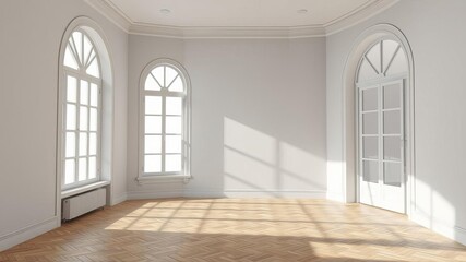 Obraz premium Interior in vintage minimalist style with wood material, light gray cloth on parquet floor, arched walkways, large windows in apartment; 3D render isometric, arched walkways, vintage